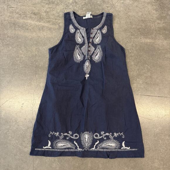 Vintage Dresses & Skirts - Vintage Y2k Navy Embroidered Paisley Whimsical Boho Tank Top Cotton Dress Medium
